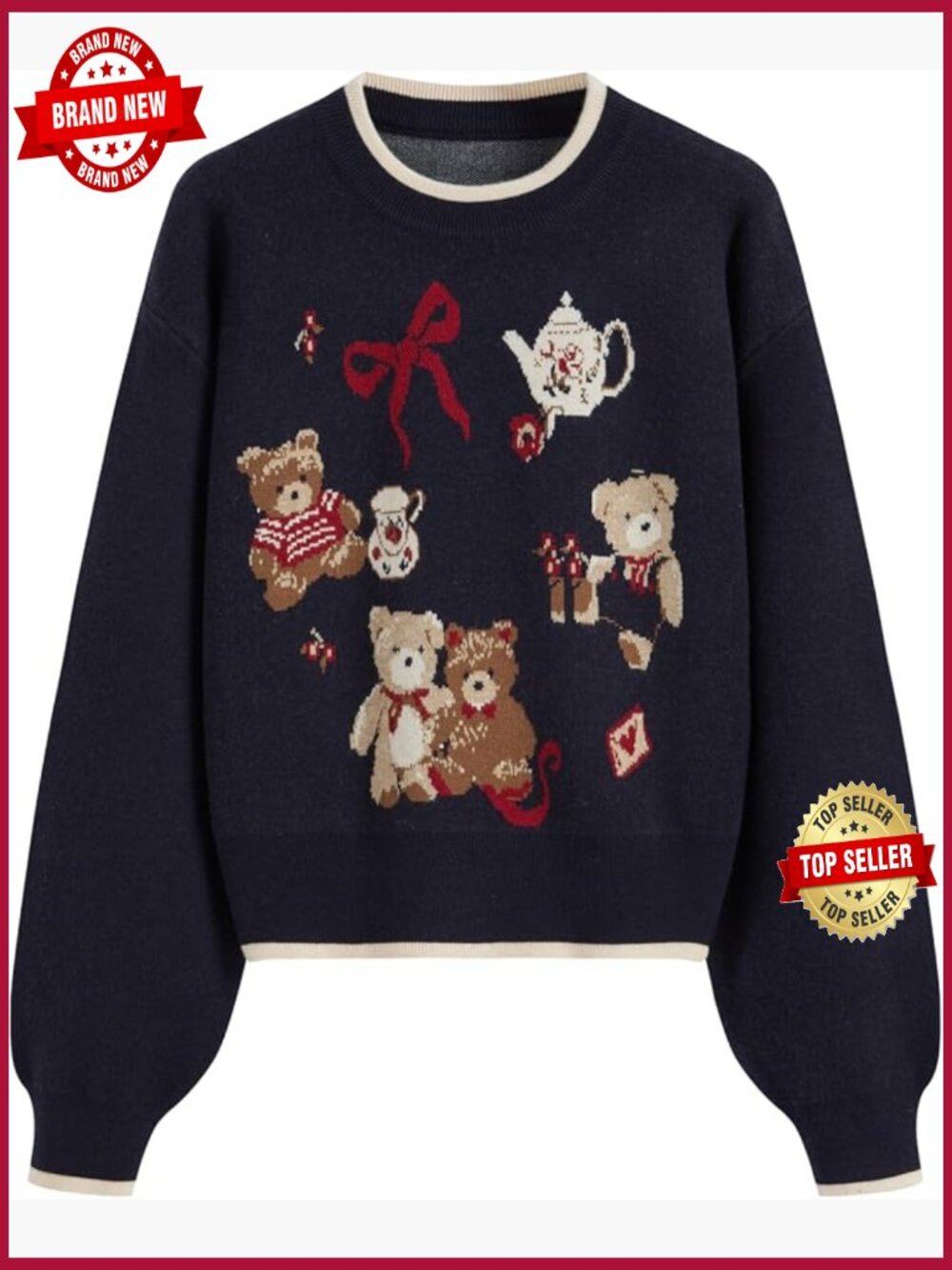 Crewneck Bear Graphic Cropped Pullover Sweater Soft Knit Long Sleeve